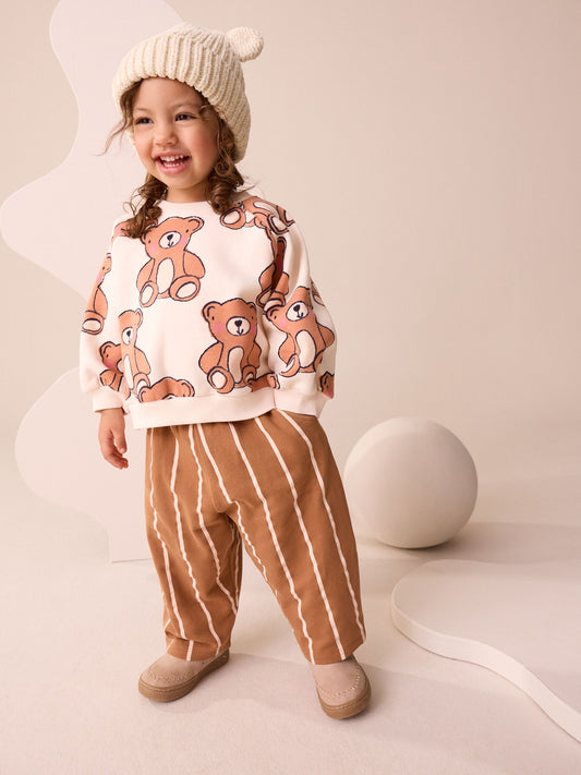 Brown Neutral Teddy Bear Sweatshirt and Barrel Leg Joggers Set (3mths-7yrs) image 1