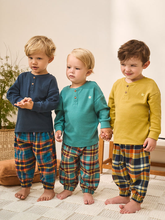 Teal/Navy/Ochre Check Woven Bottom Pyjamas 3 Pack (9mths-12yrs) image 1