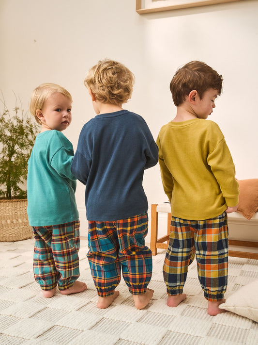Teal/Navy/Ochre Check Woven Bottom Pyjamas 3 Pack (9mths-12yrs) image 3