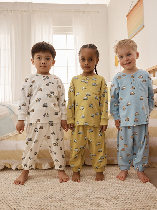 Blue/Ecru/Ochre Mini Transport Ribbed Pyjamas 3 Pack (9mths-12yrs) image 1