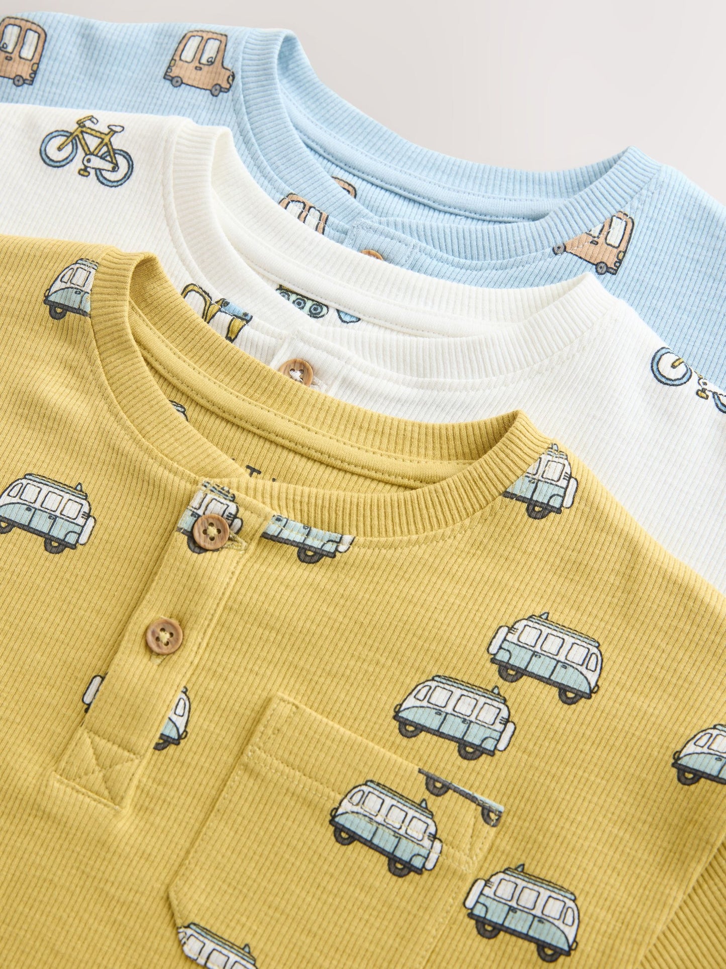 Blue/Ecru/Ochre Mini Transport Ribbed Pyjamas 3 Pack (9mths-12yrs) image 4