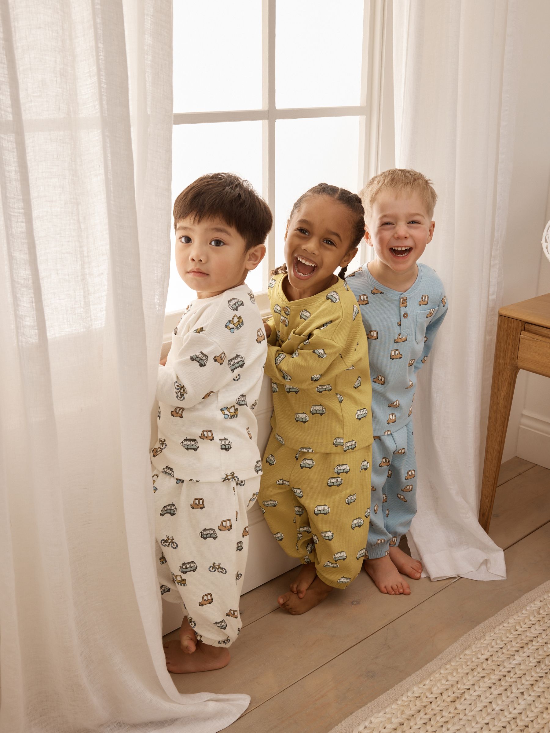 Blue/Ecru/Ochre Mini Transport Ribbed Pyjamas 3 Pack (9mths-12yrs) image 5