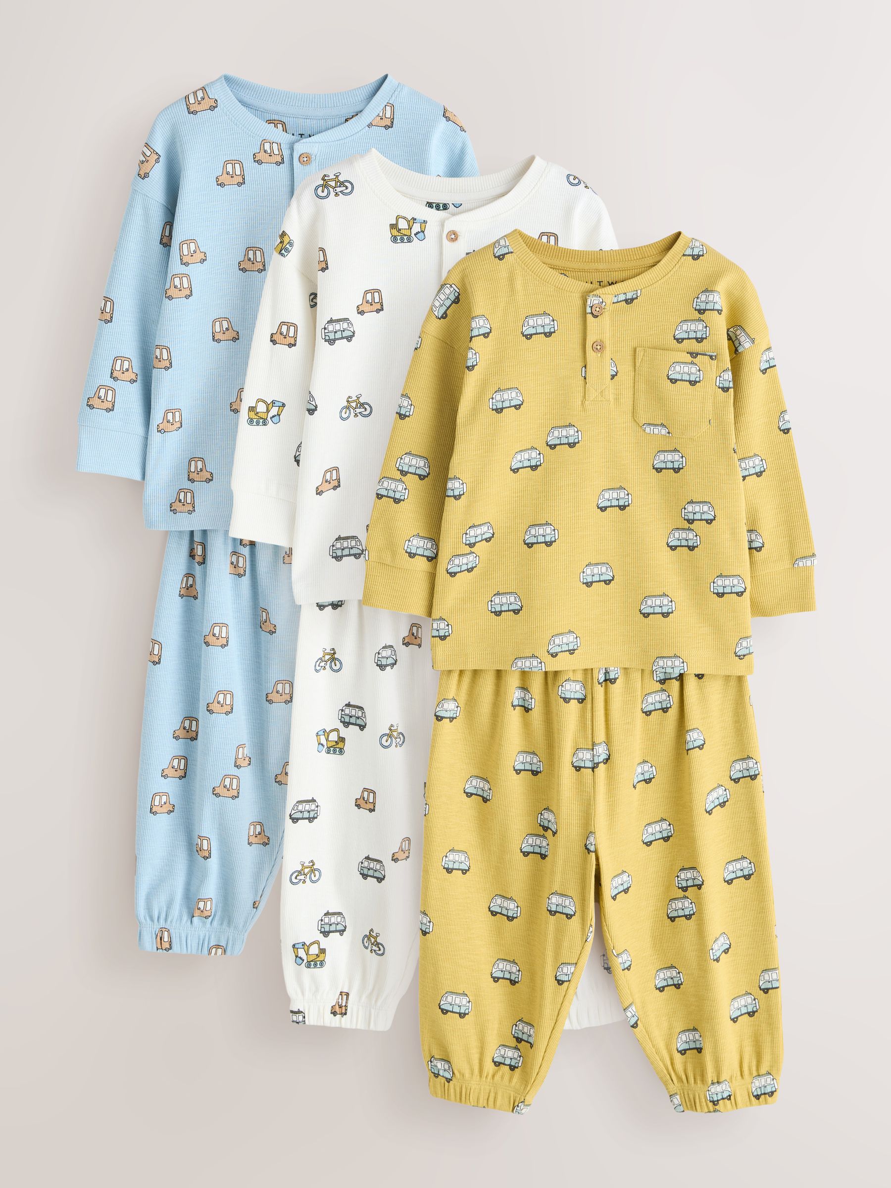 Blue/Ecru/Ochre Mini Transport Ribbed Pyjamas 3 Pack (9mths-12yrs) image 9
