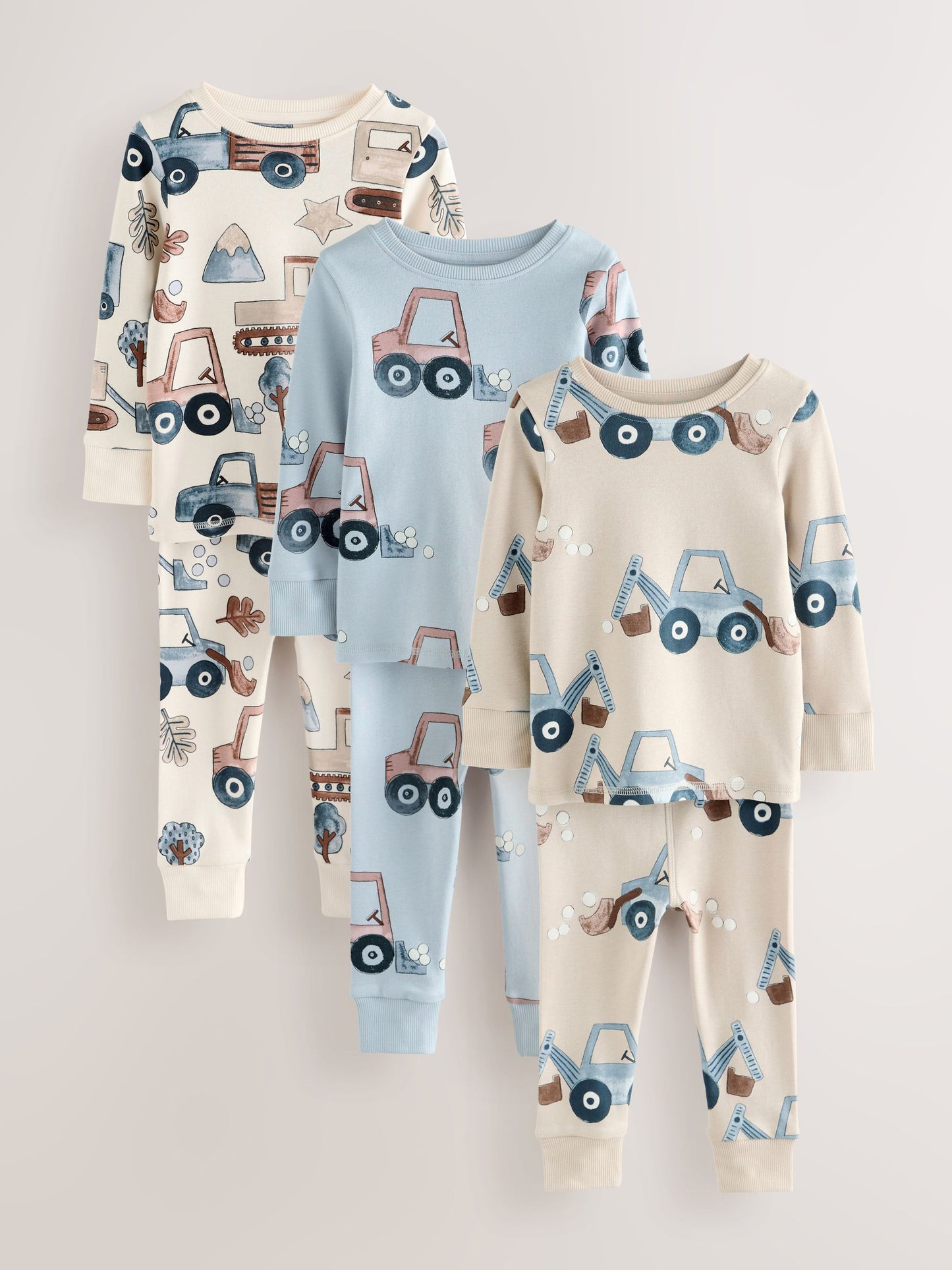 Blue/Ecru Transport Mini Snuggle Pyjamas 3 Pack (9mths-10yrs) image 1