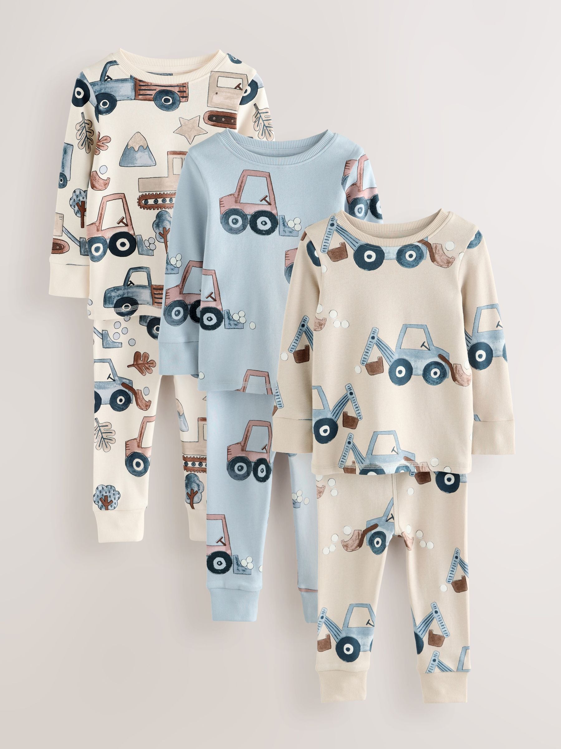 Blue/Ecru Transport Mini Snuggle Pyjamas 3 Pack (9mths-10yrs) image 1
