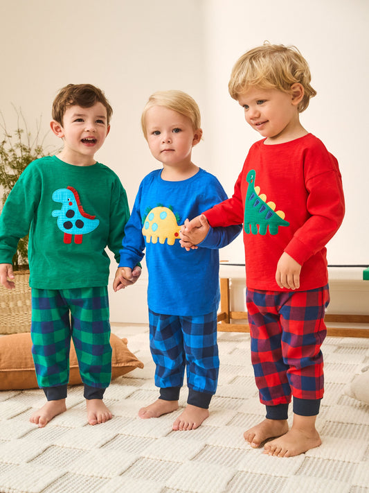 Red/Blue/Green Check Dinosaur Check Woven Bottom Pyjamas 3 Pack (9mths-8yrs) image 1