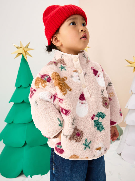 Beige Christmas Half Popper Fleece (3mths-7yrs)