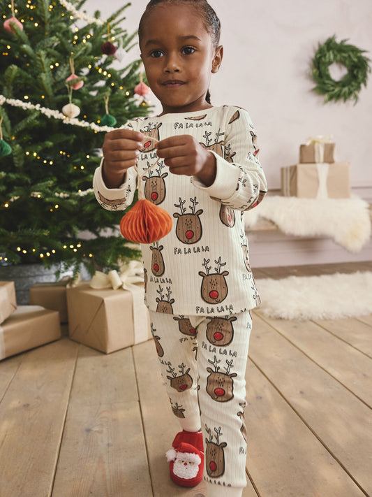 Ecru White Christmas Reindeer Snuggle Fit Single Pyjamas (9mths-10yrs) image 1