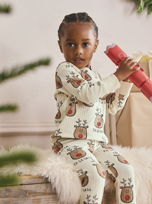 Ecru White Christmas Reindeer Snuggle Fit Single Pyjamas (9mths-10yrs) image 3