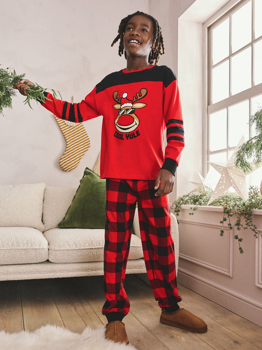 Red Check Reindeer Single Christmas Pyjamas (5-16yrs) image 1