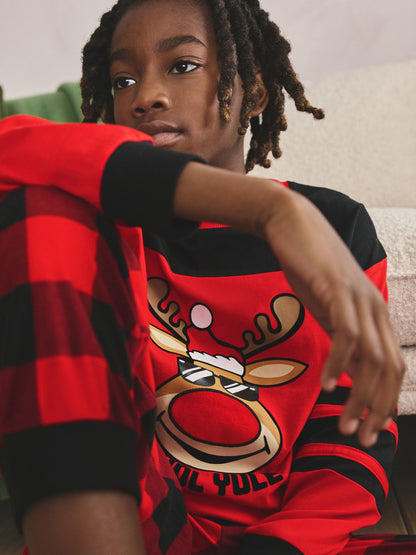 Red Check Reindeer Single Christmas Pyjamas (5-16yrs) image 4