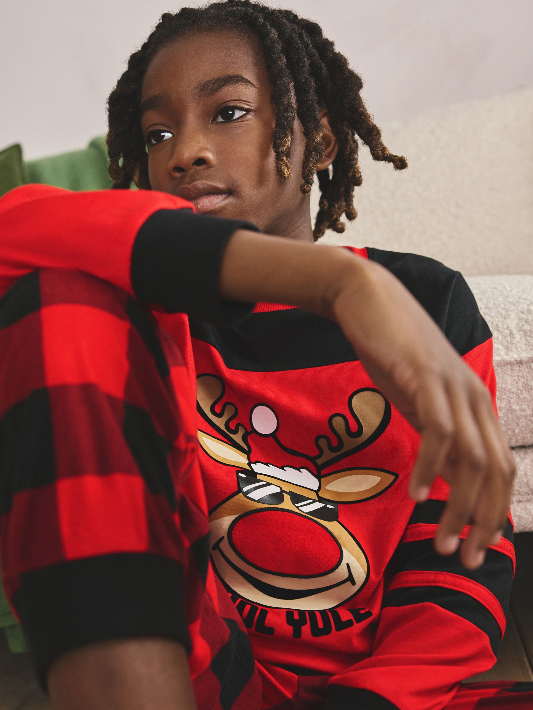 Red Check Reindeer Single Christmas Pyjamas (5-16yrs) image 5