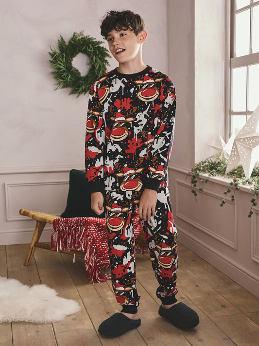 Red/Black Single Jogger Christmas Pyjamas (3-16yrs) image 1