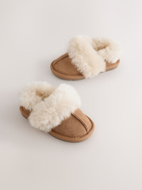 Tan Brown Suede Sheepskin Lined Slippers image 1