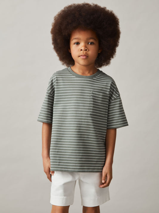 Dsiney Kidz - Reiss Sage/White Paudie 9-13 yrs Cotton-Blend Stripe T-Shirt image 1