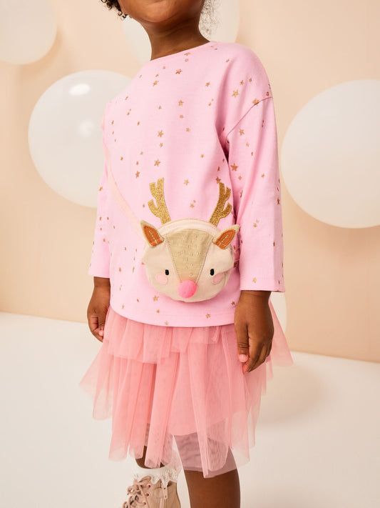 Pink Reindeer Long Sleeve Bag T-Shirt (9mths-7yrs)