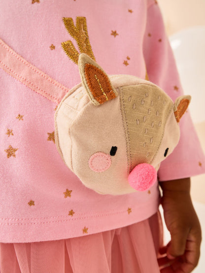 Pink Reindeer Long Sleeve Bag T-Shirt (9mths-7yrs)