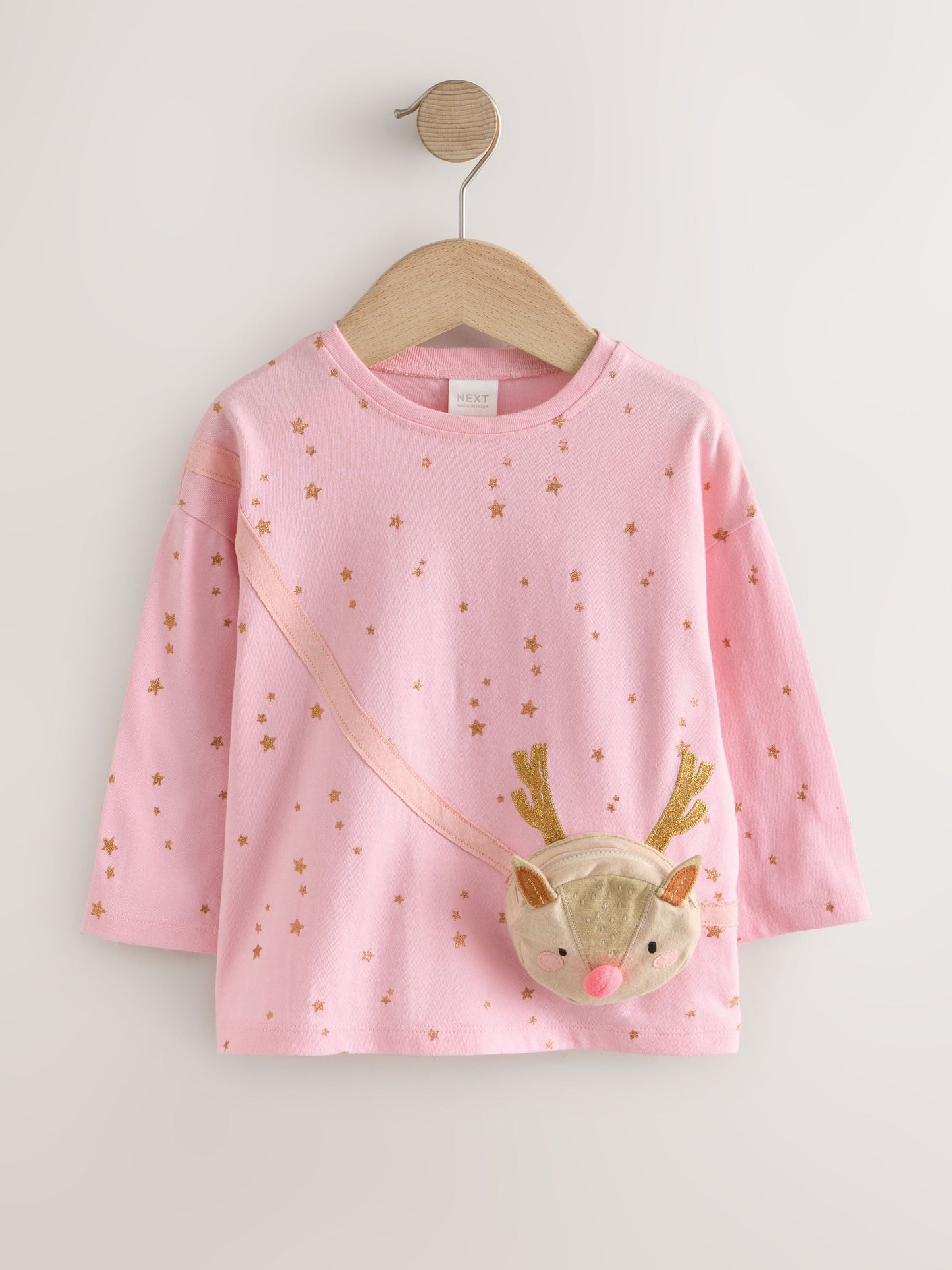 Pink Reindeer Long Sleeve Bag T-Shirt (9mths-7yrs)