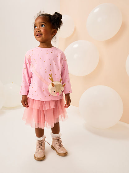 Pink Reindeer Long Sleeve Bag T-Shirt (9mths-7yrs)