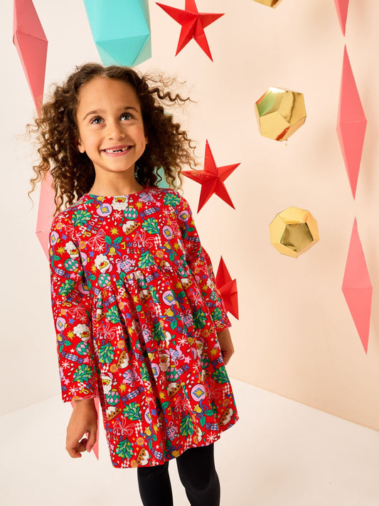 Red Christmas Character Long Sleeve Jersey Dress (3-16yrs)