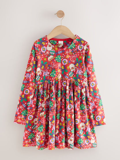 Red Christmas Character Long Sleeve Jersey Dress (3-16yrs)