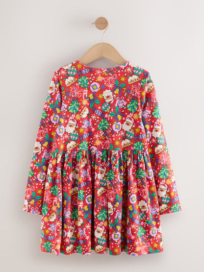 Red Christmas Character Long Sleeve Jersey Dress (3-16yrs)