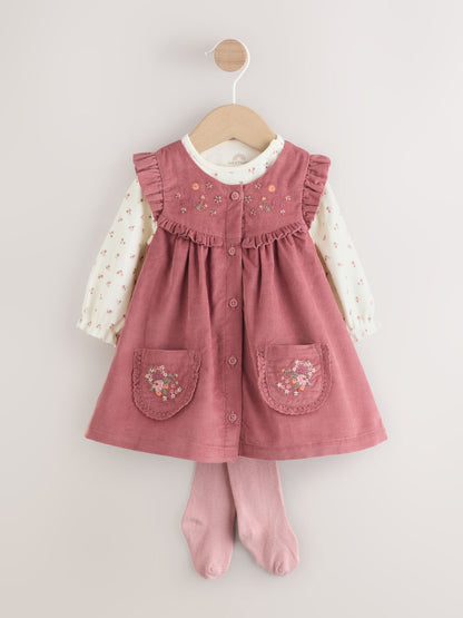 Pink Embroidered Baby Cord Pinafore Long Sleeve Bodysuit & Tights Set (0mths-2yrs)