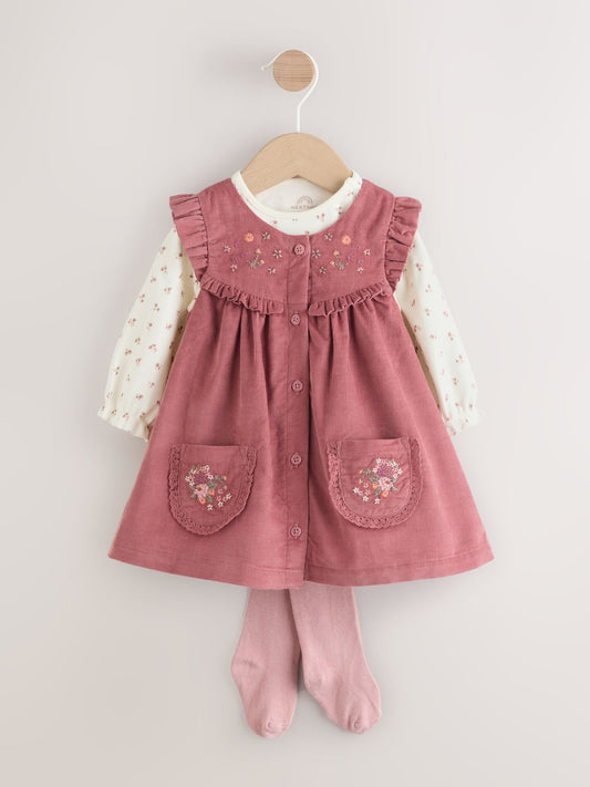 Pink Embroidered Baby Cord Pinafore Long Sleeve Bodysuit & Tights Set (0mths-2yrs)