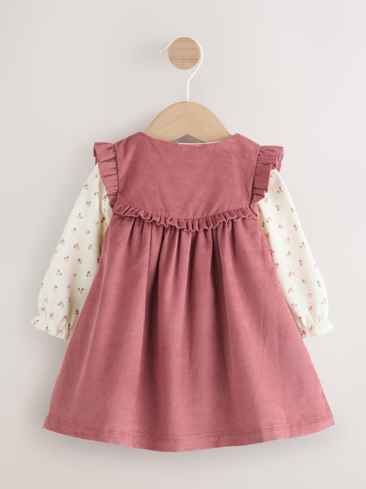Pink Embroidered Baby Cord Pinafore Long Sleeve Bodysuit & Tights Set (0mths-2yrs)
