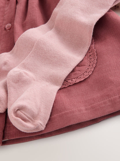 Pink Embroidered Baby Cord Pinafore Long Sleeve Bodysuit & Tights Set (0mths-2yrs)