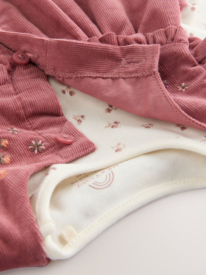 Pink Embroidered Baby Cord Pinafore Long Sleeve Bodysuit & Tights Set (0mths-2yrs)