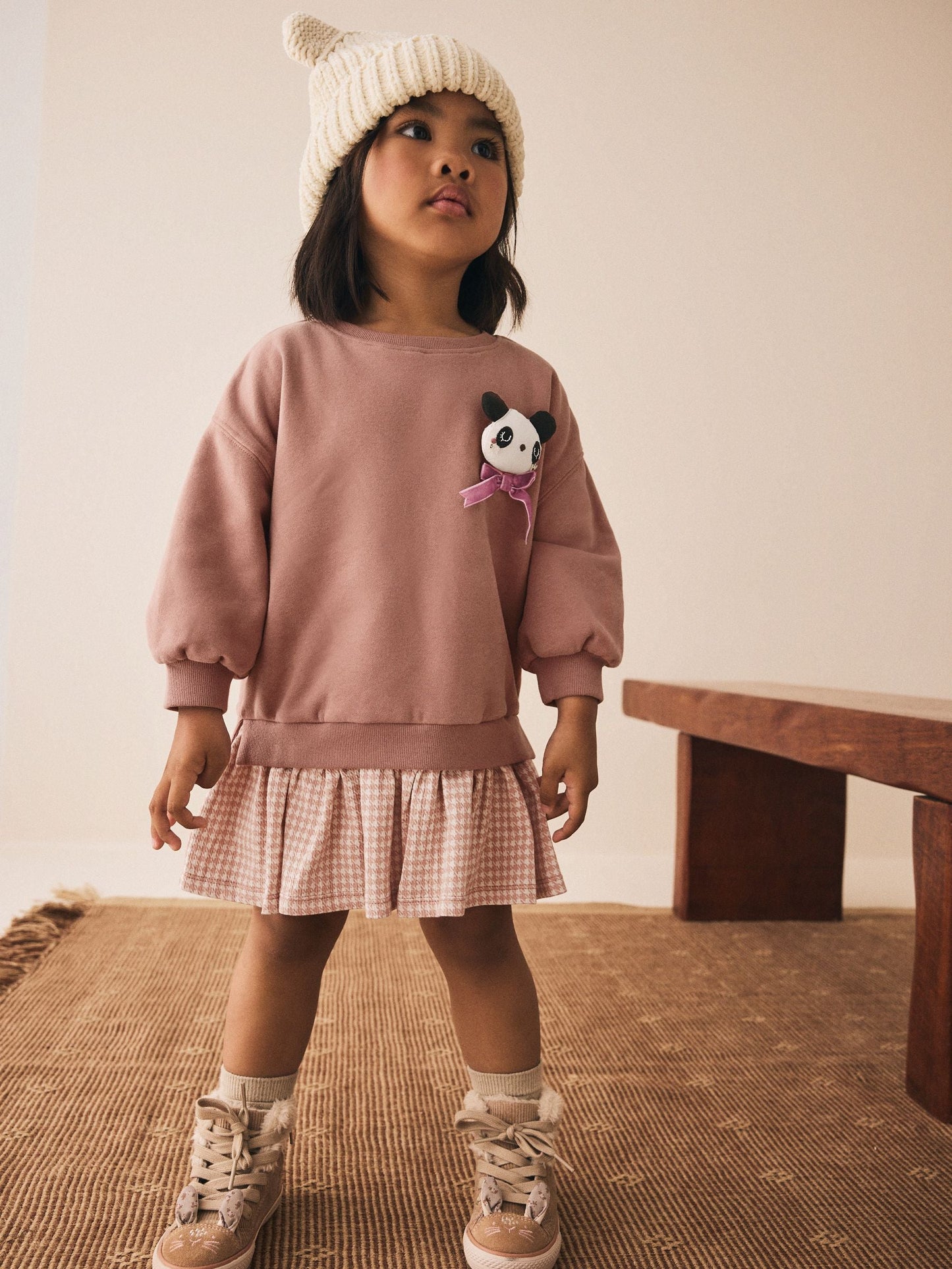 Neutral Panda Sweat Check Dress (3mths-7yrs)