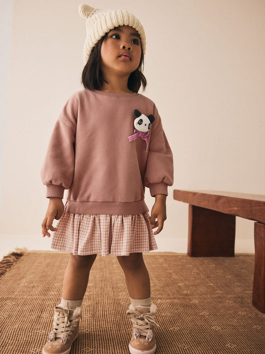 Neutral Panda Sweat Check Dress (3mths-7yrs)