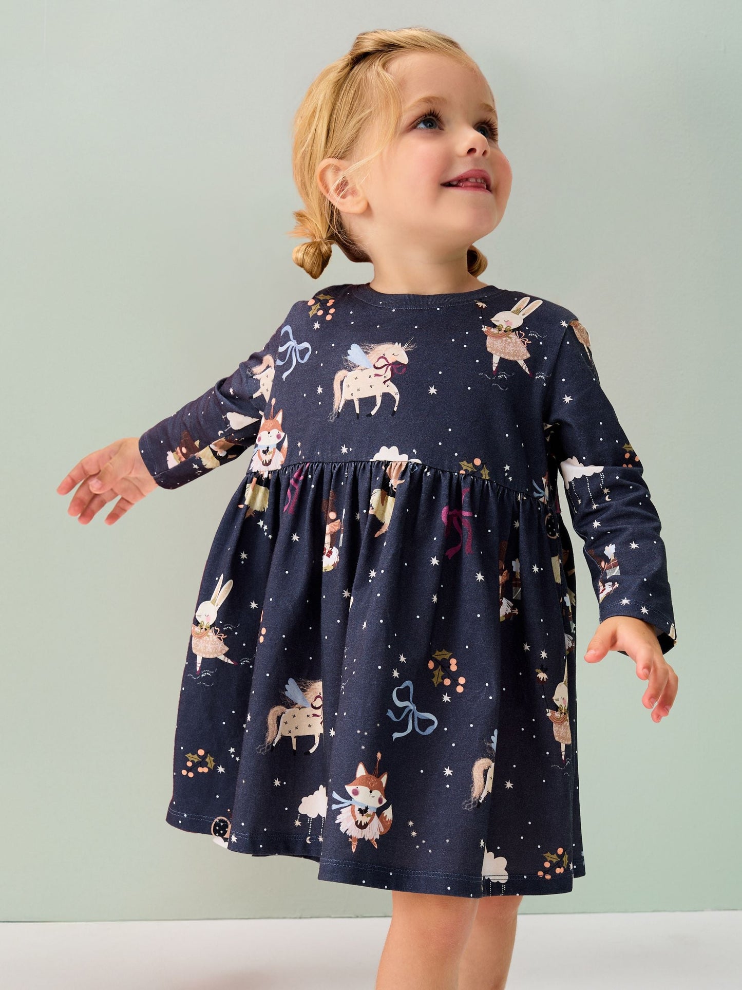 Navy Character Long Sleeve Christmas Dress (3mths-7yrs)