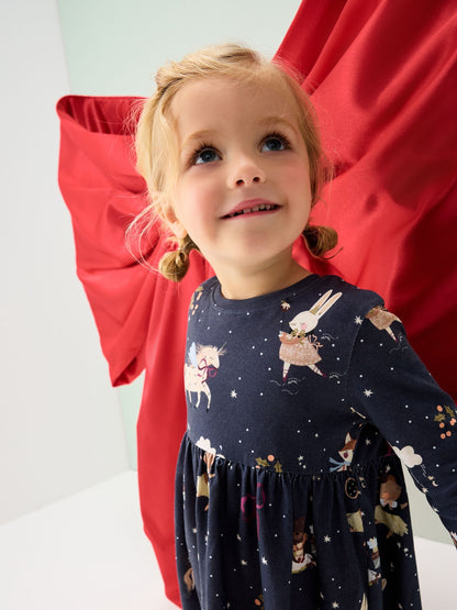 Navy Character Long Sleeve Christmas Dress (3mths-7yrs)