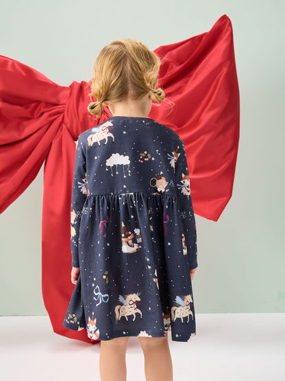Navy Character Long Sleeve Christmas Dress (3mths-7yrs)