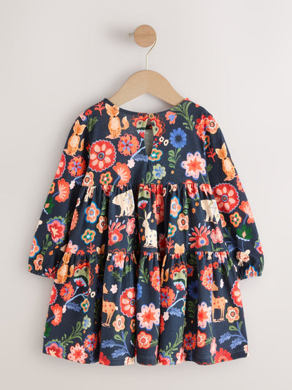 Navy Long Sleeve Tiered Dress (3mths-7yrs)