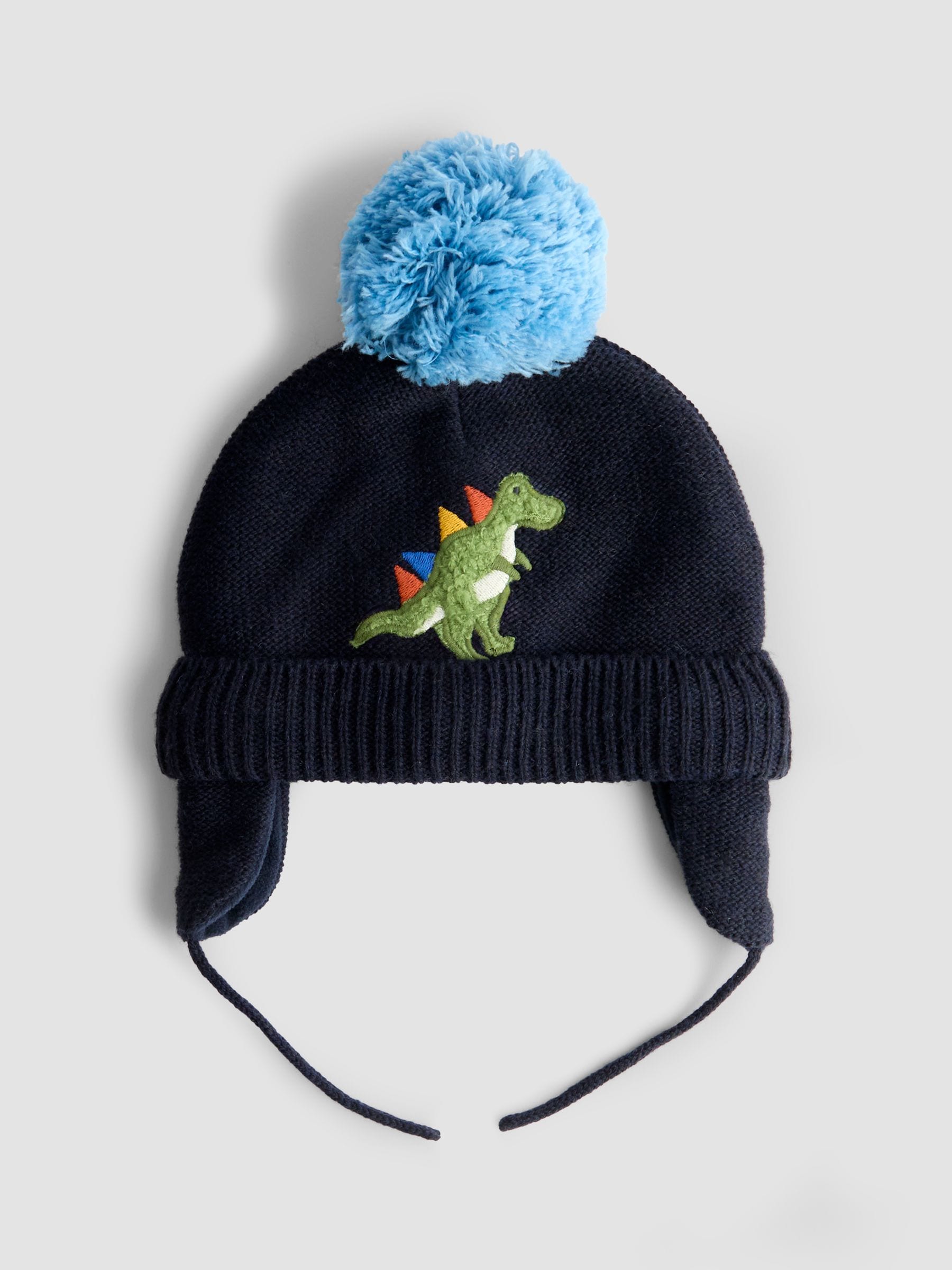 JoJo Maman Bébé Navy Blue Dino Cosy Pom Pom Rib Hat image 1