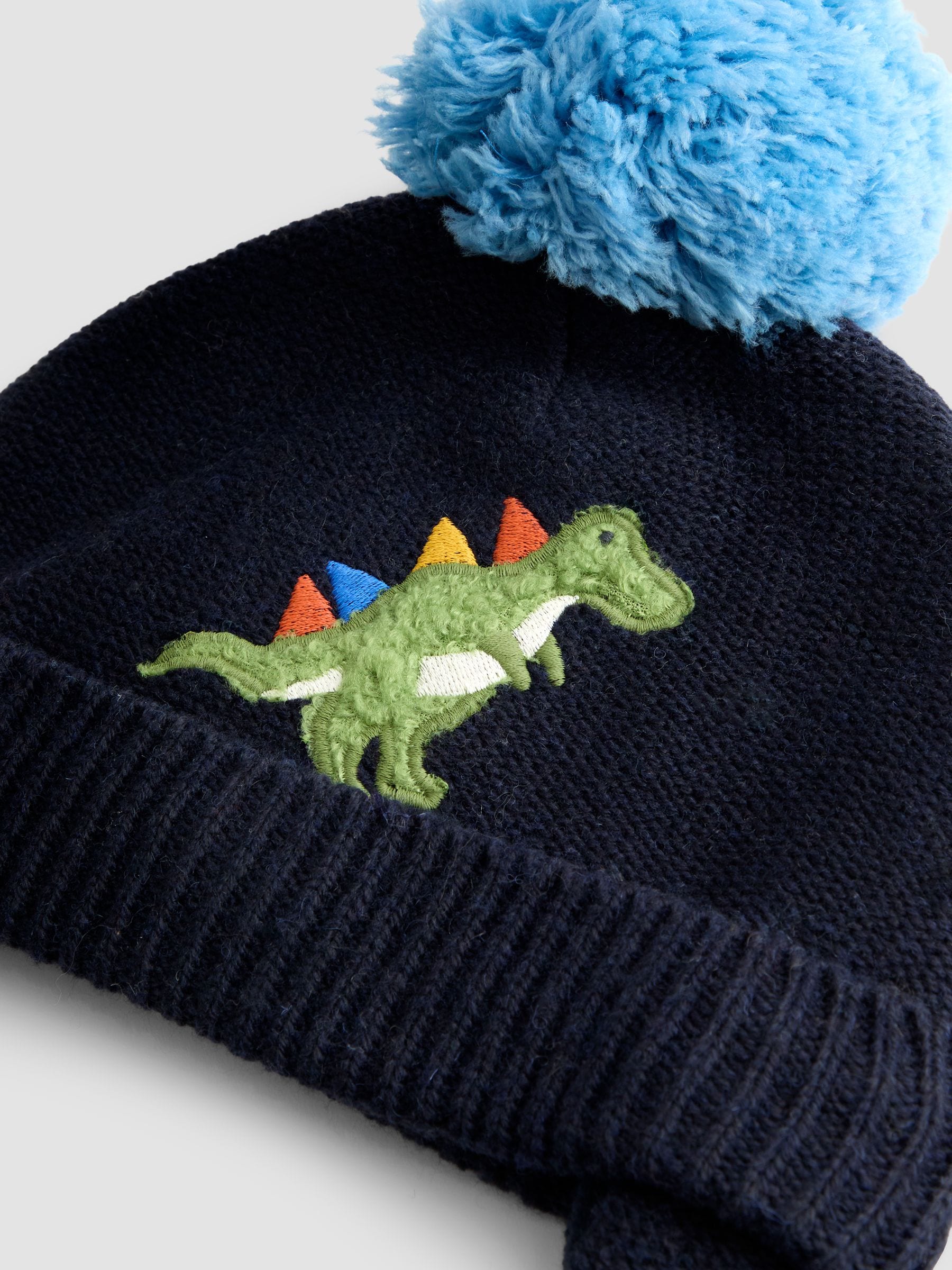 JoJo Maman Bébé Navy Blue Dino Cosy Pom Pom Rib Hat image 3