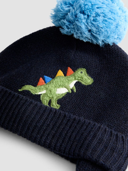 JoJo Maman Bébé Navy Blue Dino Cosy Pom Pom Rib Hat image 3