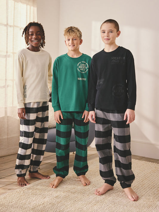 Black/Green/White Woven Check Pyjamas 3 Pack (3-16yrs) image 1