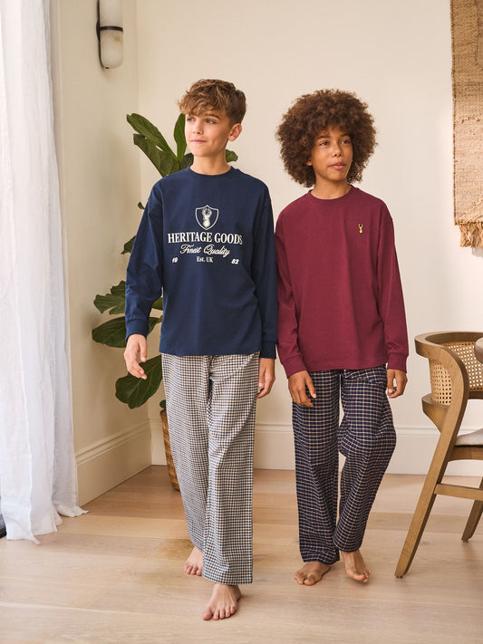 Navy/Burgundy Long Sleeve Woven Check Pyjamas 2 Pack (3-16yrs) image 1