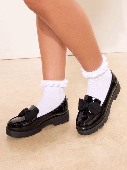 Lipsy Black Wide Fit (G) Patent Chunky Bow Slip On Loafer School Shoes image 1