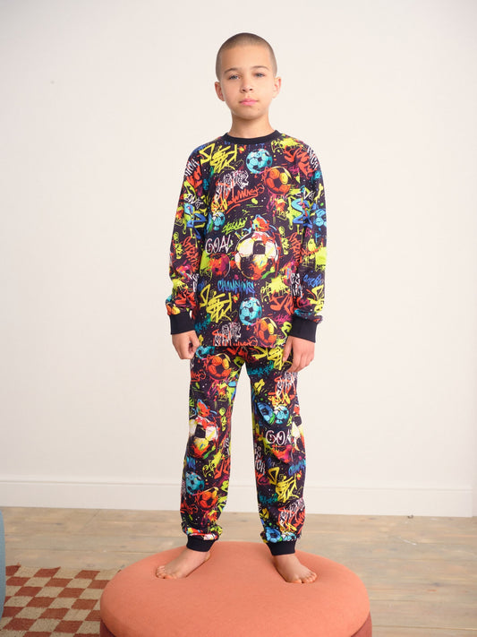 Black Grafiti Single Long Sleeve Leg Pyjamas (3-16yrs) image 1