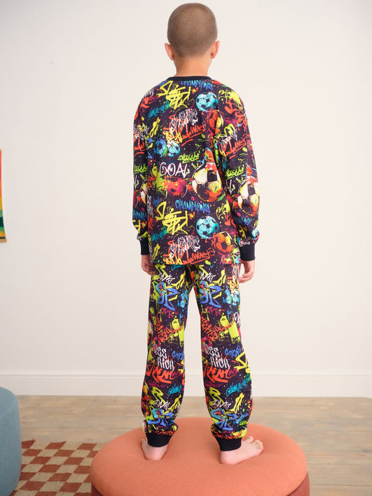 Black Grafiti Single Long Sleeve Leg Pyjamas (3-16yrs) image 3