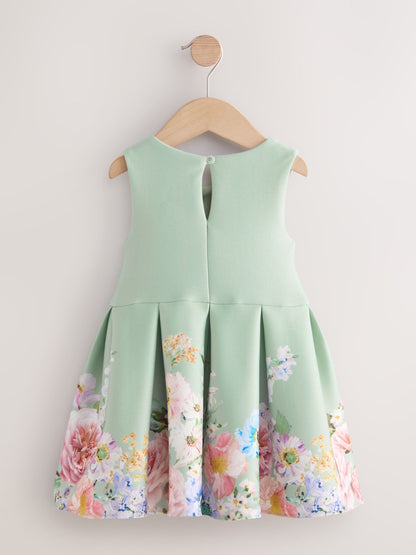 Green Sleeveless Floral Print Party Dress (3mths-7yrs)