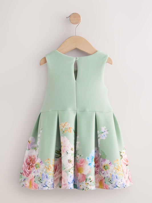Green Sleeveless Floral Print Party Dress (3mths-7yrs)