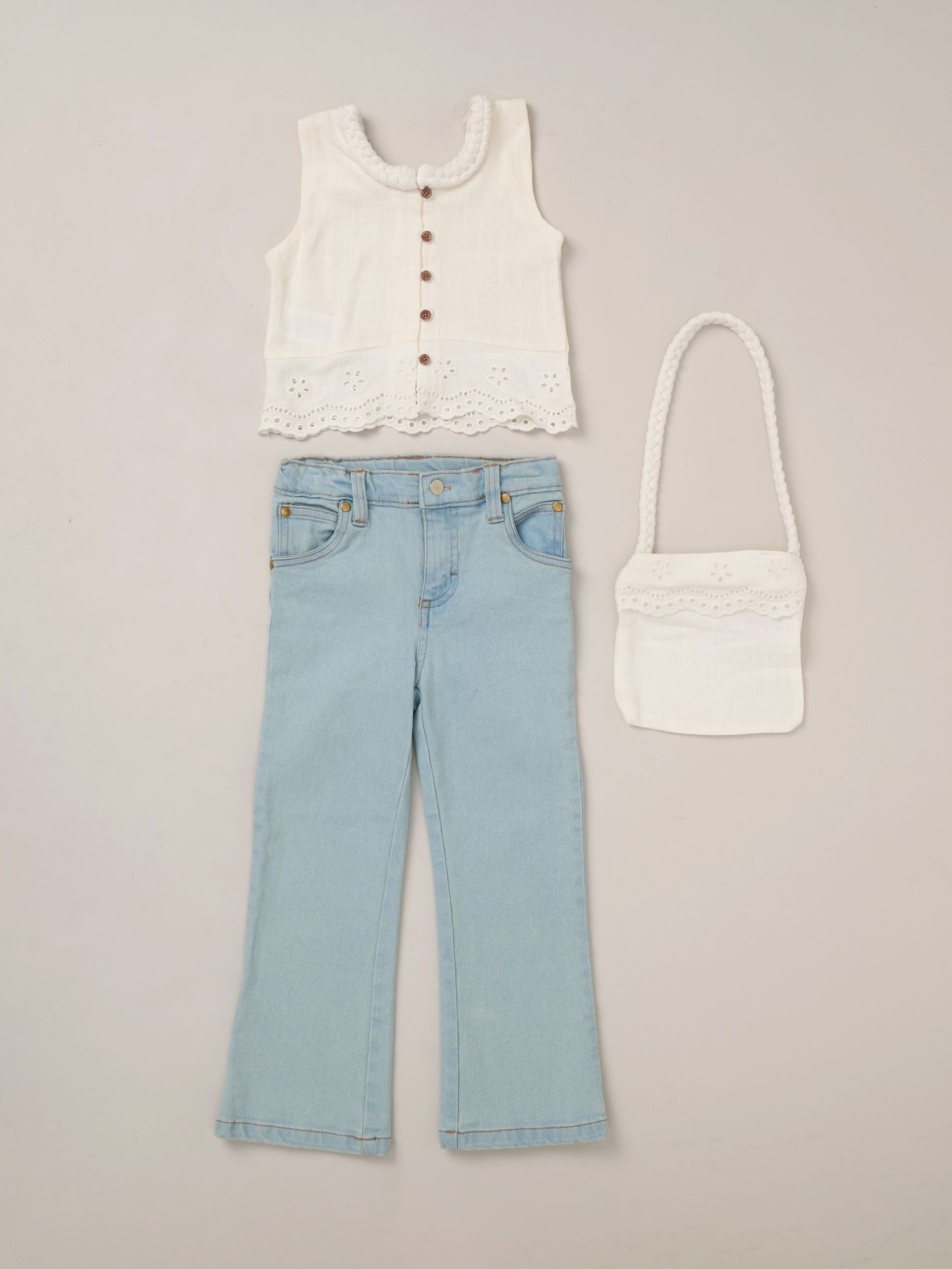 Dsiney Kidz - Miss White Broderie Crop Top Jeans And Bag Outfit Set image 1