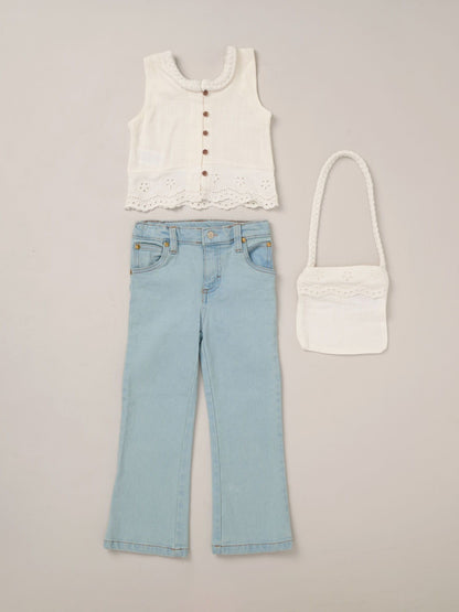 Dsiney Kidz - Miss White Broderie Crop Top Jeans And Bag Outfit Set image 1