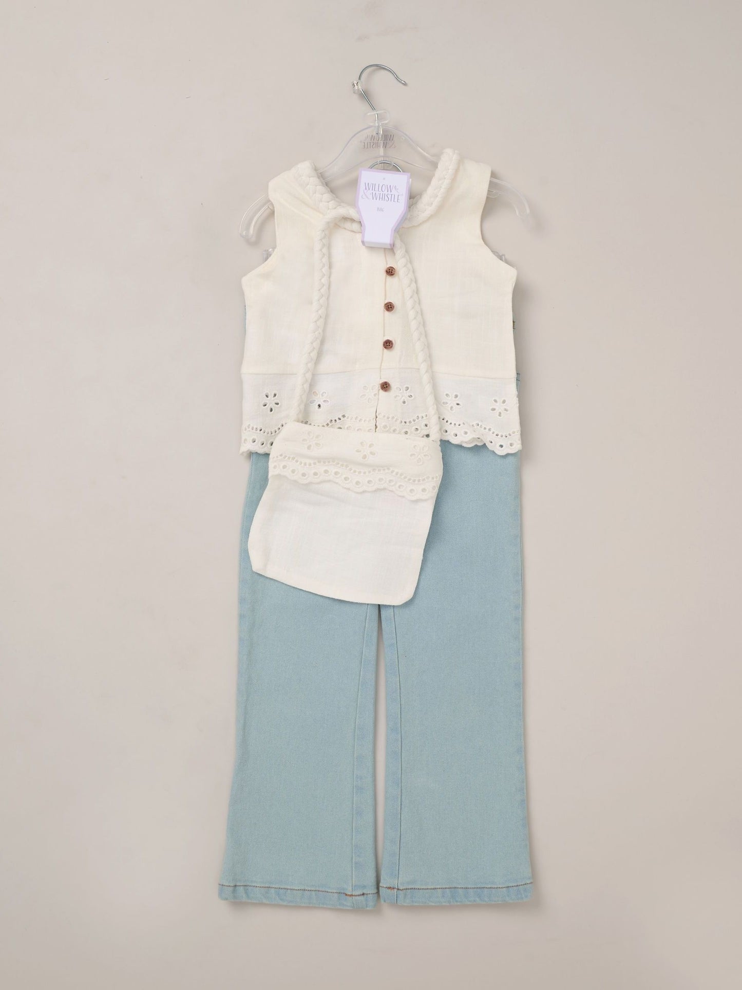 Dsiney Kidz - Miss White Broderie Crop Top Jeans And Bag Outfit Set image 2